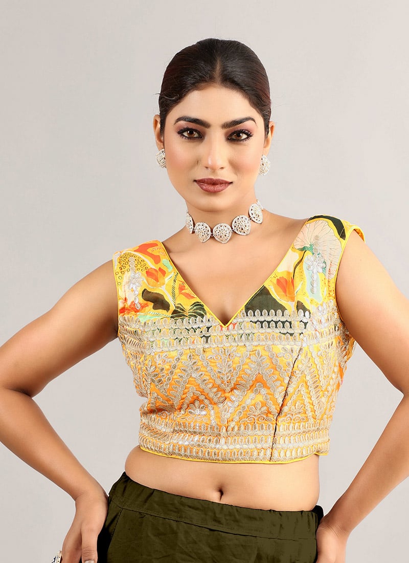 Yellow Art Silk Embroidered V Neck Blouse Party Wear