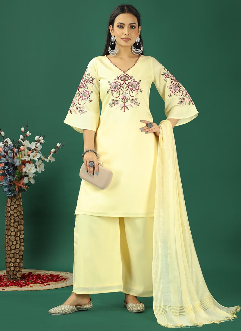 Teen Girls Yellow Art Silk Embroidered Wide Leg Pant Suit Festive Wear