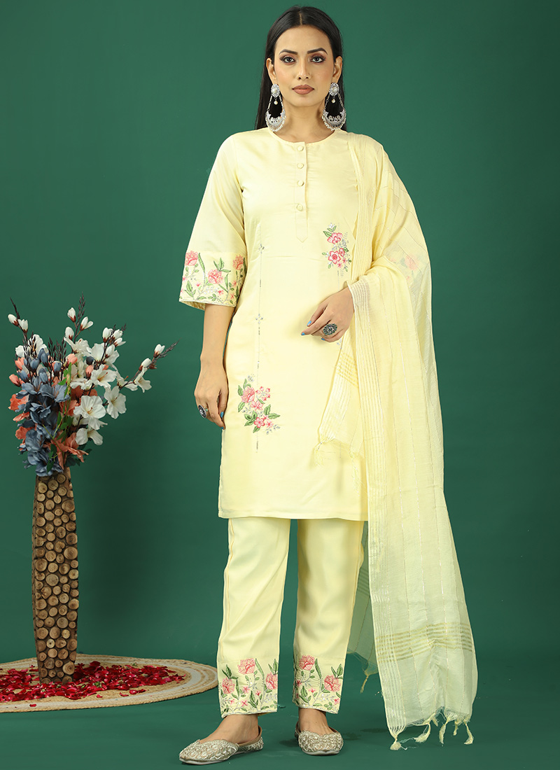 Yellow Art Silk Embroidred Straight Pant Suit Festive Wear