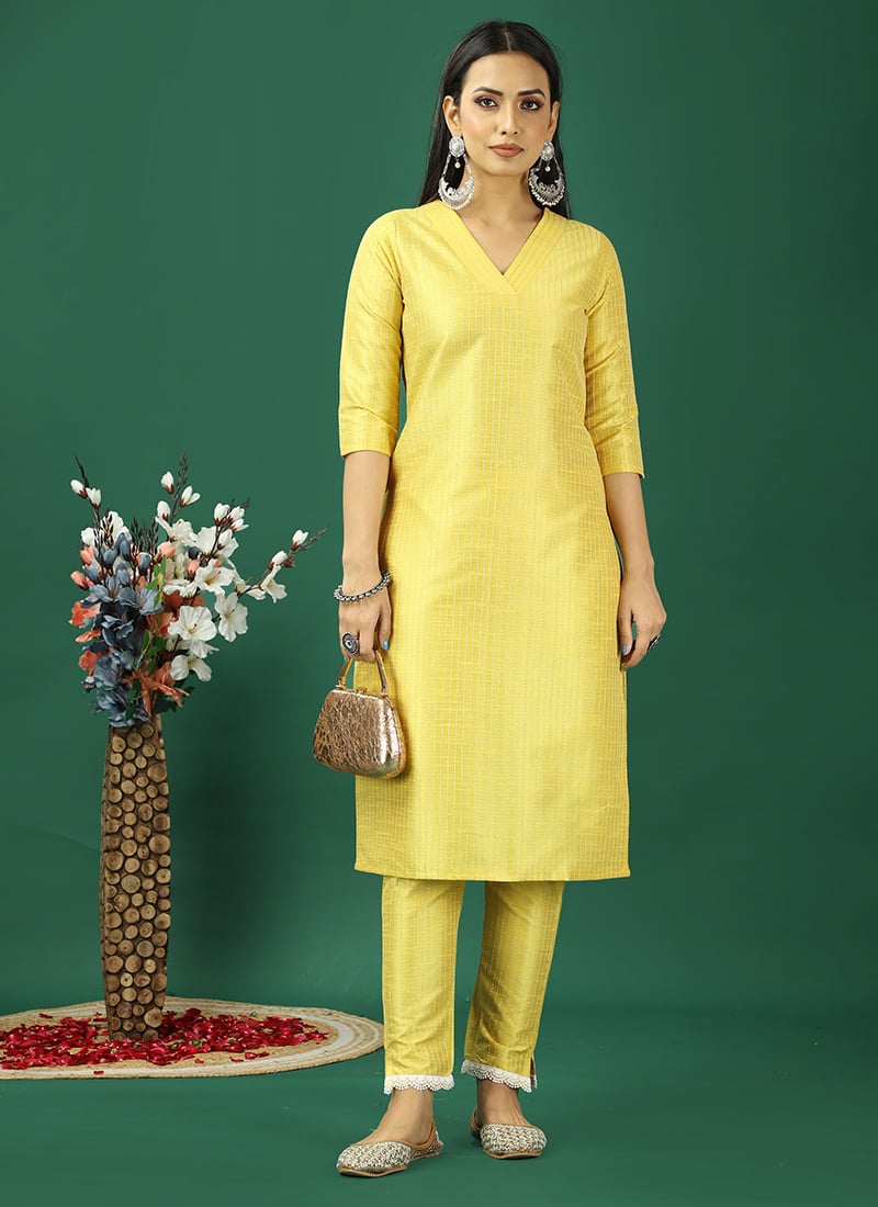 Yellow Art Silk Straight Pant Kurta Sets Festive Wear