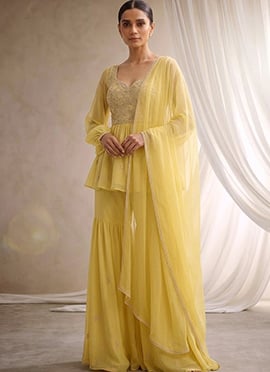 Yellow Balloon Sleeve Hand Embroidered Sequins Work Georgette Sharara Suit
