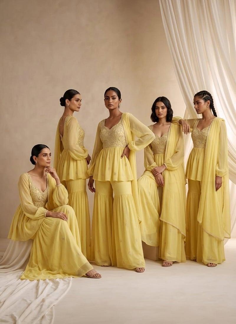 Yellow Balloon Sleeve Hand Embroidered Sequins Work Georgette Sharara Suit Festive Wear