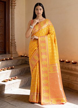 Yellow Banarasi Silk Zari Woven Saree