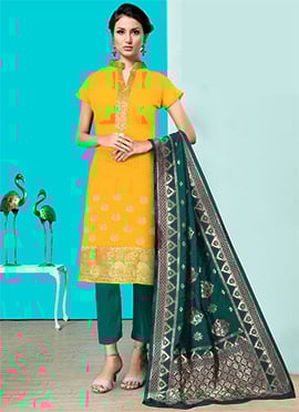 Yellow Benarasi Art Silk Straight Pant Suit
