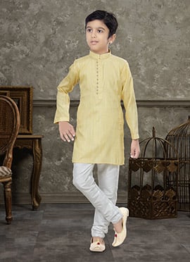 Yellow Blended Cotton Kids Boys Kurta Pyjama