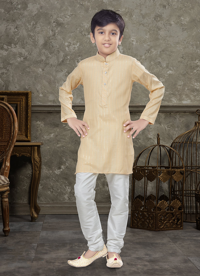 Yellow Blended Cotton Kids Boys Kurta Pyjama Party Wear
