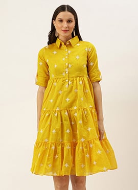 Yellow Chanderi Cotton Tiered Dress