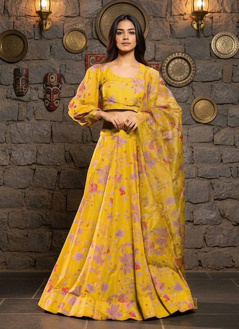 Yellow Chinon Digital Floral Print Lehenga