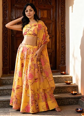 Yellow Chinon Digital Floral Print Lehenga