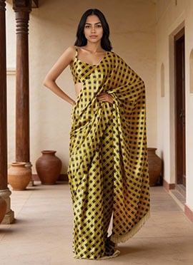 Yellow Chinon Digital Print Pre Draped Saree
