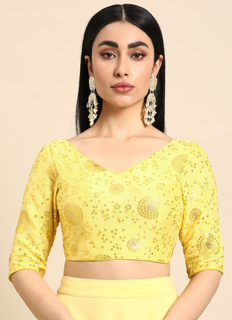 Yellow Chinon Embroidered Blouse Festive Wear