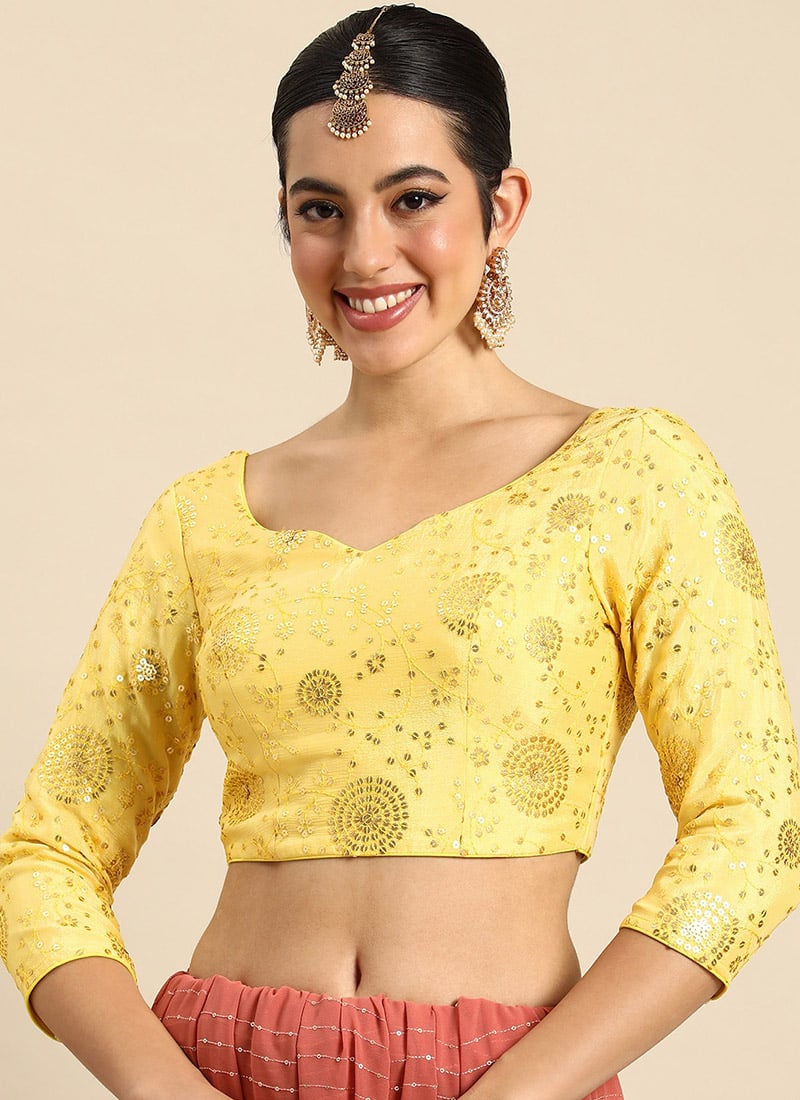 Yellow Chinon Embroidered Blouse