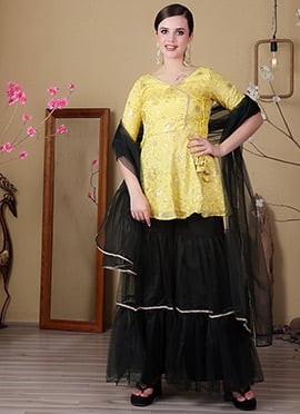 Yellow Chinon Embroidered N Green Net Gharara Set