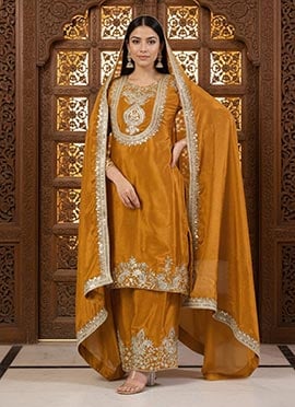 Yellow Chinon Silk Embroidered Sequins Palazzo Suit