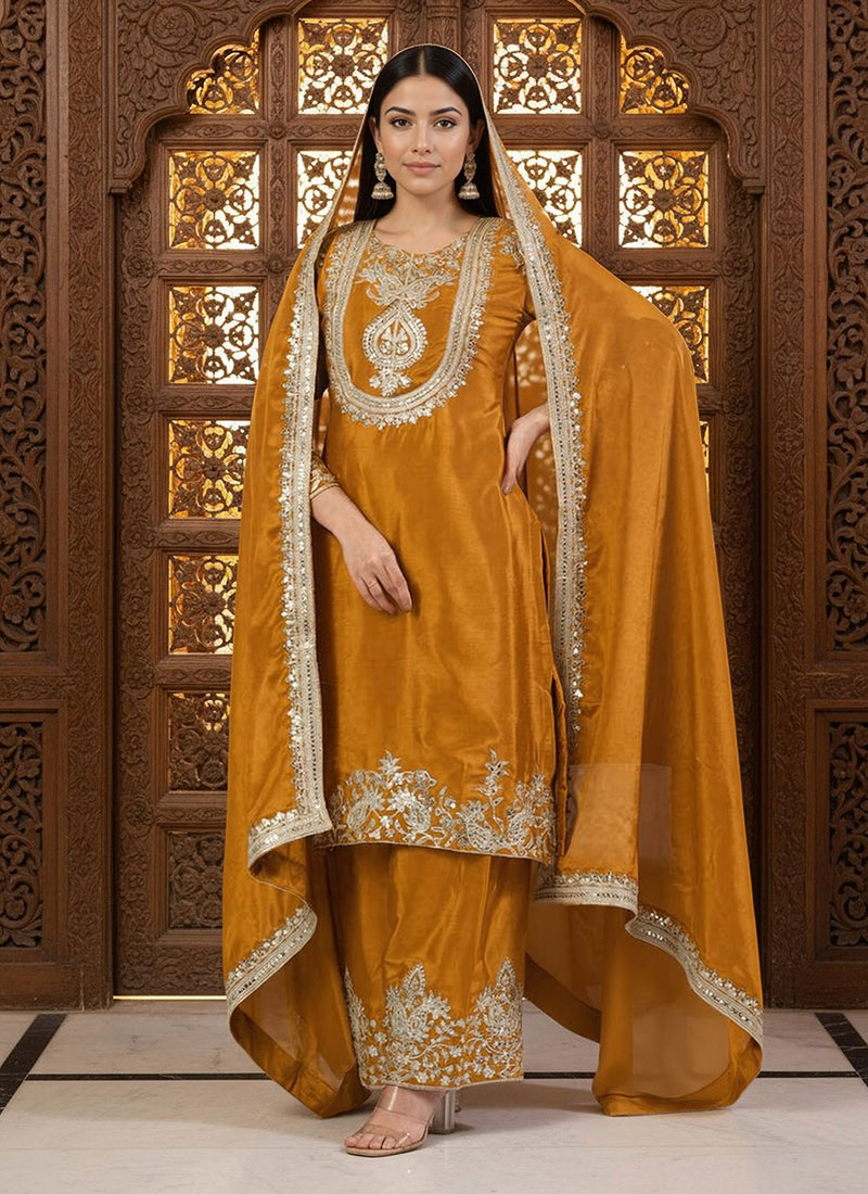 Yellow Chinon Silk Embroidered Sequins Palazzo Suit Festive Wear