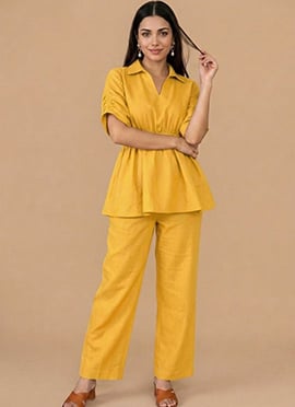 Yellow Cotton Collar Peplum Top With Straight Pant