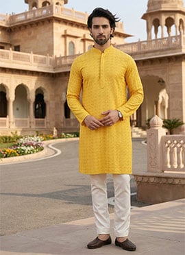 Yellow Cotton Embroidered Sequins Kurta Pyjama For Men