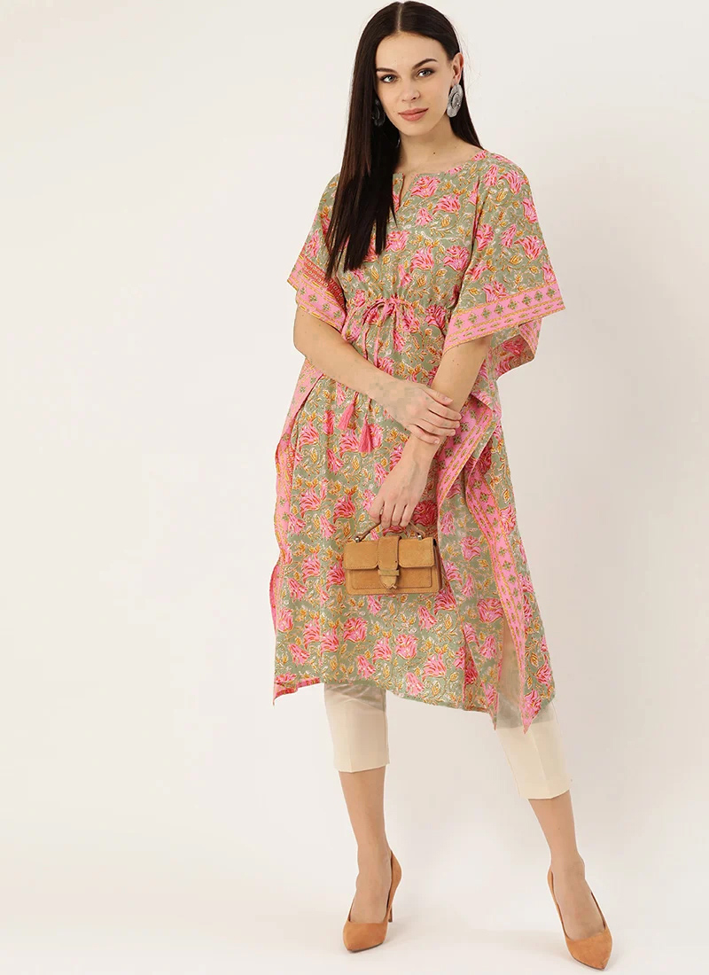 Yellow Cotton Printed Kaftan Short Tunic Work Wear