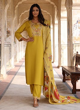 Yellow Cotton Silk Hand Work Sequins Straight Pant Suit With Jacquard Digital Print Dupatta