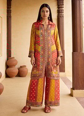 Yellow Crepe Silk Mirror Work And Digital Print Co ord Sets