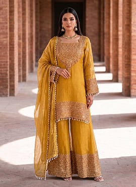 Yellow Crunchy Silk Embroidered Palazzo Suit