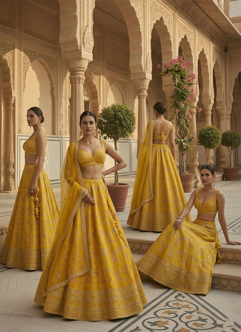 Yellow Dola Silk Jacquard Sequins Embroidered Lehenga Set Festive Wear