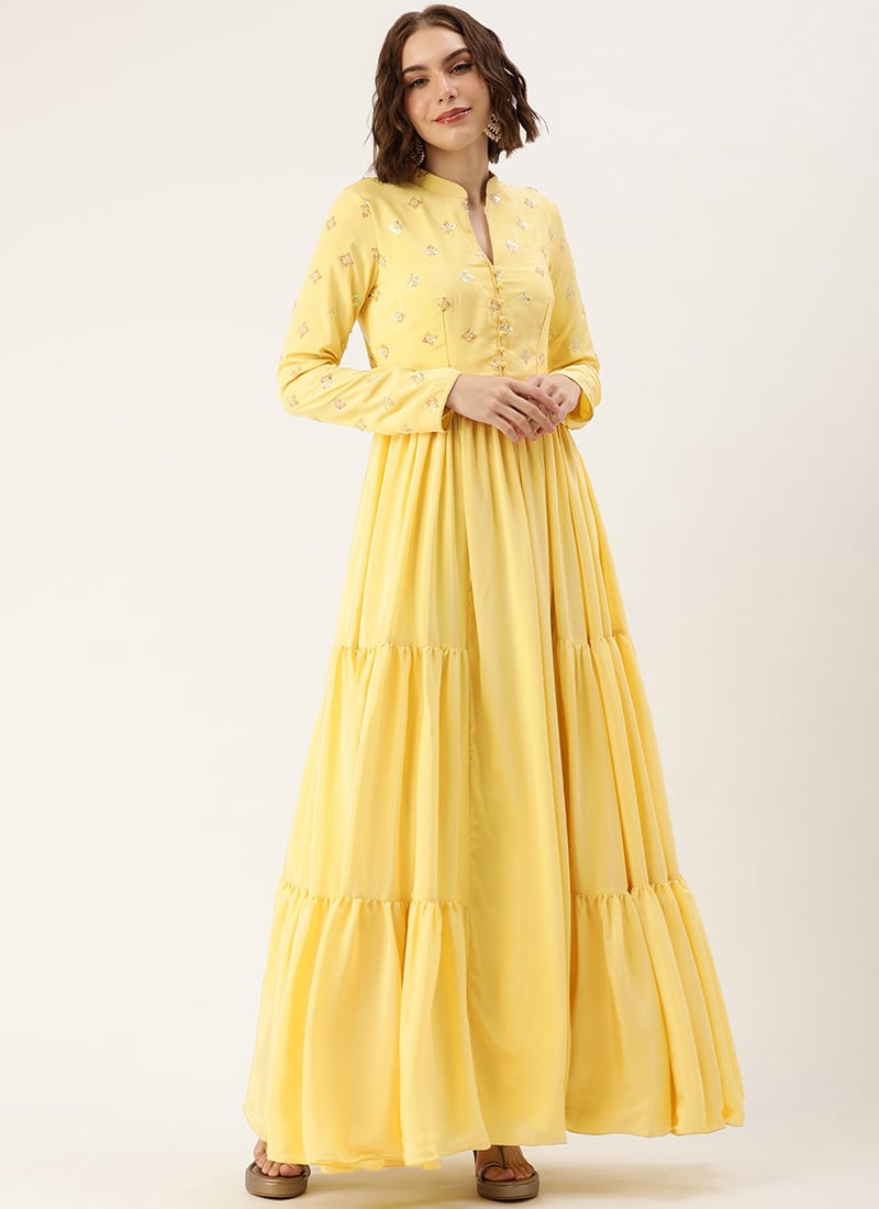 Yellow Embroidered Art Silk Gown Festive Wear