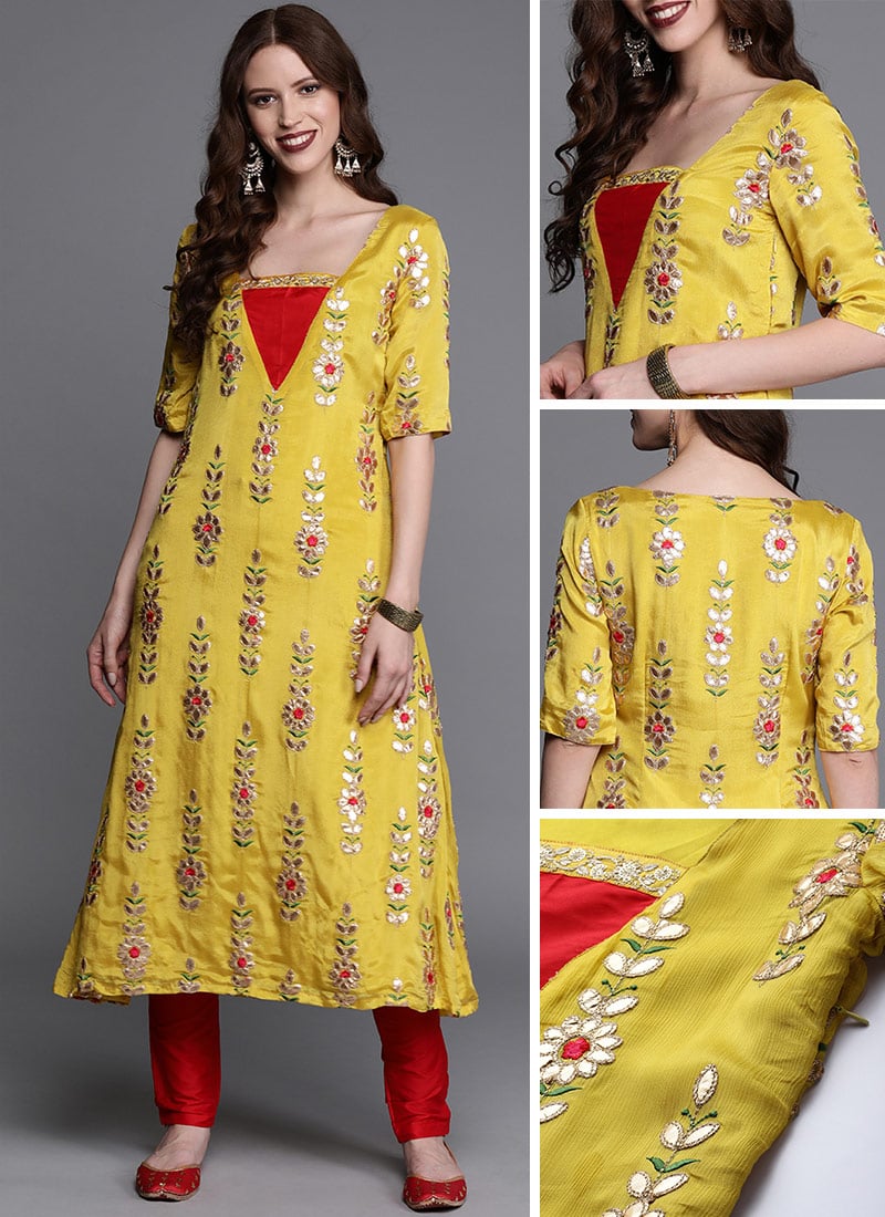 Yellow Embroidered Chinon Kurta Set Festive Wear