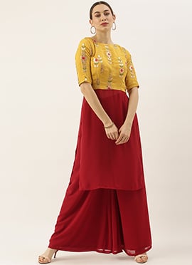 Yellow Embroidered Chinon N Maroon Kurta Set