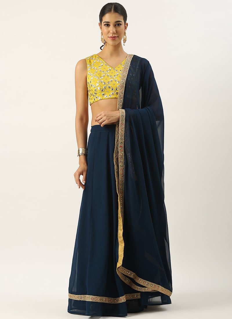Yellow Embroidered N Dark Grey Chinon Lehenga Set