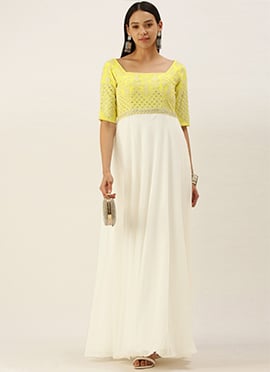 Yellow Embroidered N White Floor Length Gown