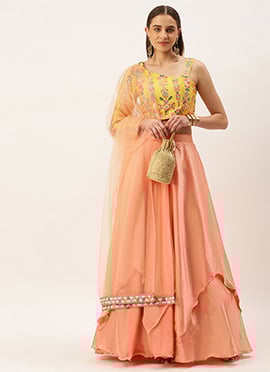 Yellow Embroidered Peach Lehenga Set