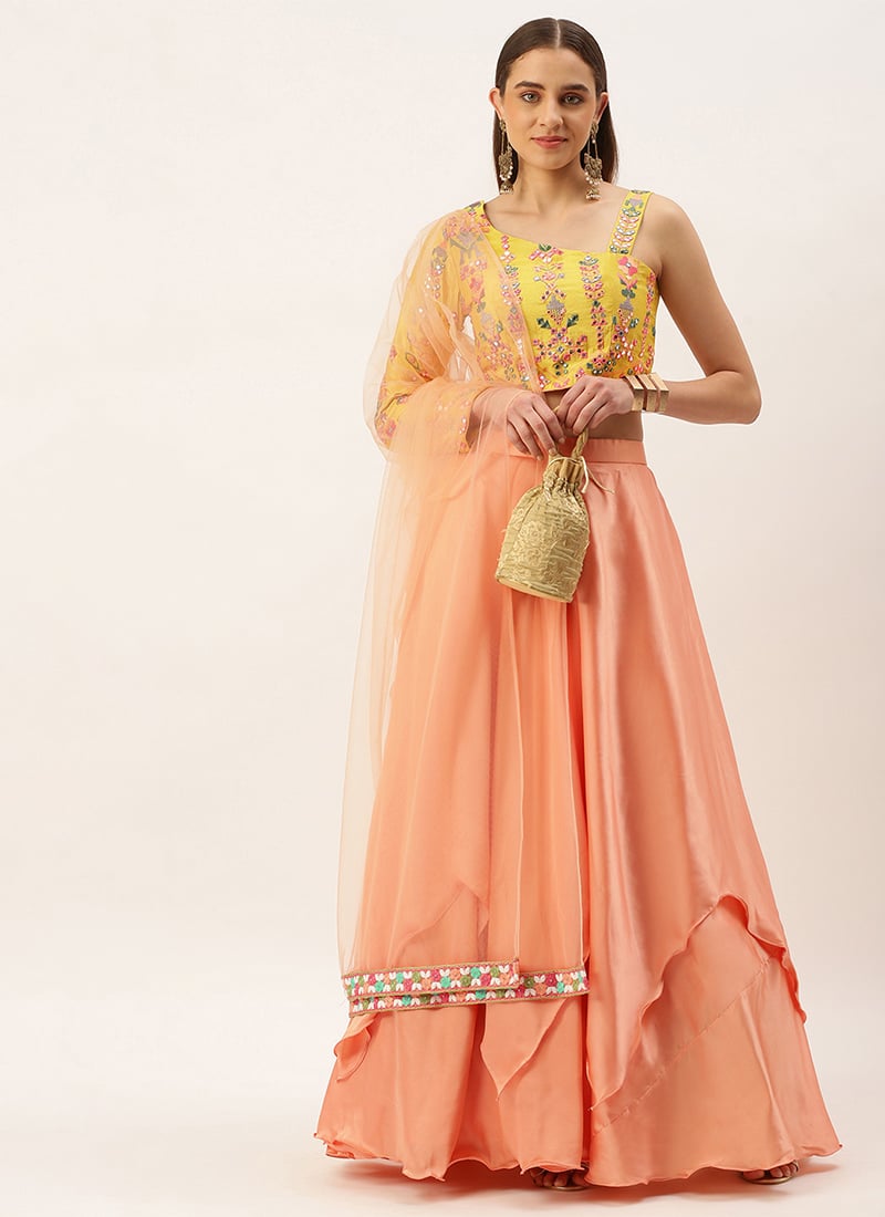 Yellow Embroidered Peach Lehenga Set Wedding Wear