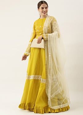 Yellow Embroidered Pleated Style Lehenga