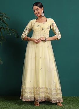 Yellow Embroidered Ruched Pattern Style Gown