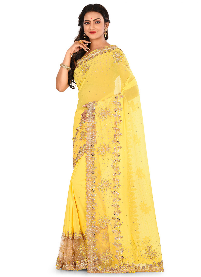 Yellow Embroidered Saree Party Wear