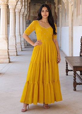 Yellow Faux Georgette Beads And Sequins Work  Anarkali Gown