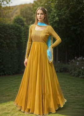 Yellow Georgette Cutdana Sequins Hand Embroidered Anarkali Suit