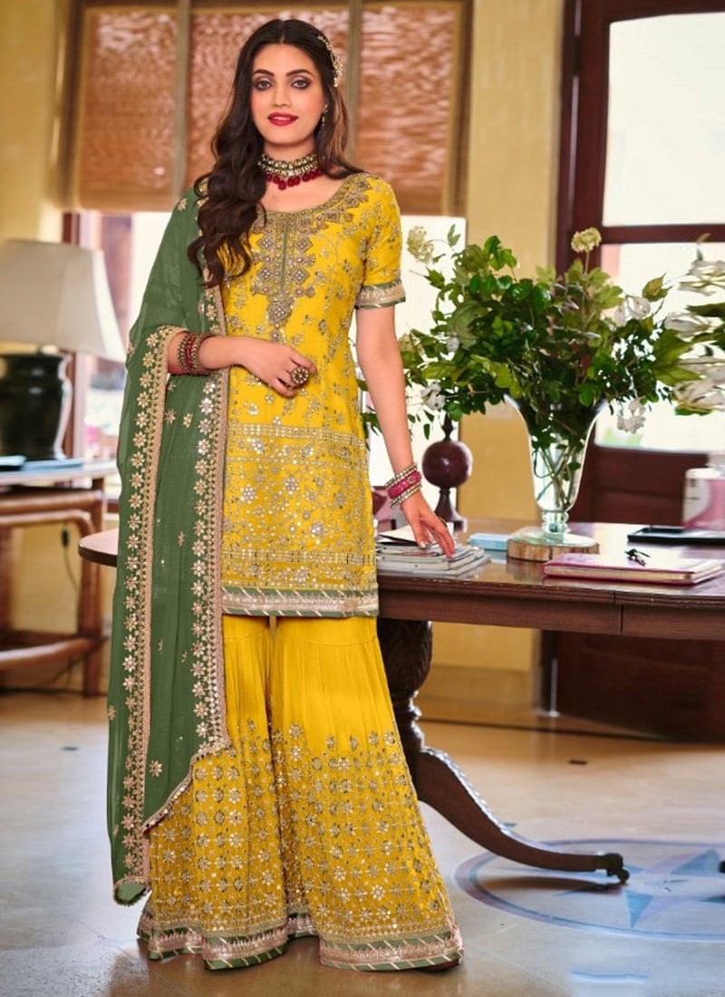 Yellow Faux Georgette Embroidered Sharara Suit Festive Wear