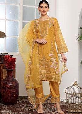Yellow Faux Georgette Embroidered Pakistani Suit