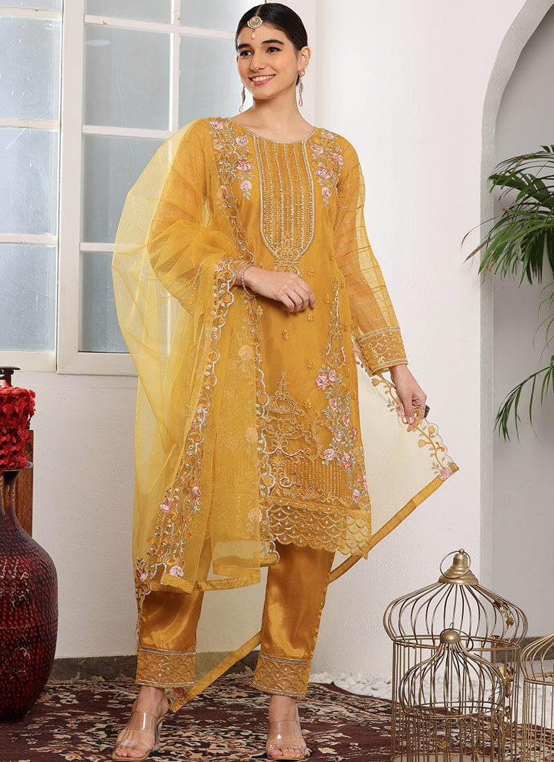 Yellow Faux Georgette Embroidered Pakistani Suit Party Wear