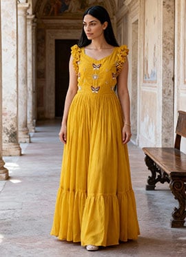 Yellow Faux Georgette Embroidered Sequins Beads Work Anarkali Gown