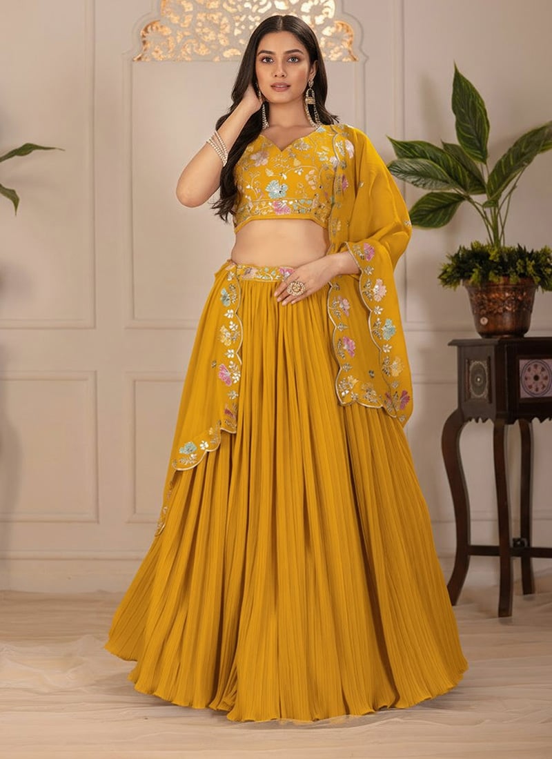 Yellow Faux Georgette Embroidered Sequins Lehenga Festive Wear-GHSDE002YL