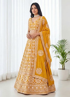 Yellow Georgette Embroidered Sequins Lehenga With Choli And Dupatta