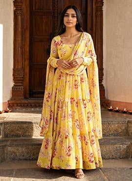 Yellow Faux Georgette Floral Print Anarkali Suit