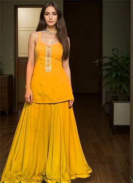 Yellow Faux Georgette Hand Embroidered Pakistani Sharara Suit