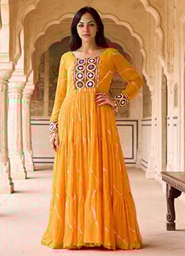 Yellow Faux Georgette Leheriya Print Kutch Work Anarkali Gown After Six Wear