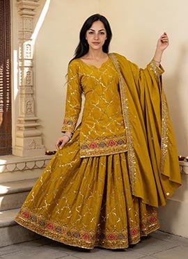 Yellow Faux Georgette Sequins Embroidered Palazzo Suit