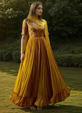 Yellow Faux Georgette Zardosi Hand Embroidered Anarkali Suit