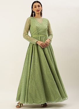 Teen Girls Yellow Foil Print Floor Length Gown